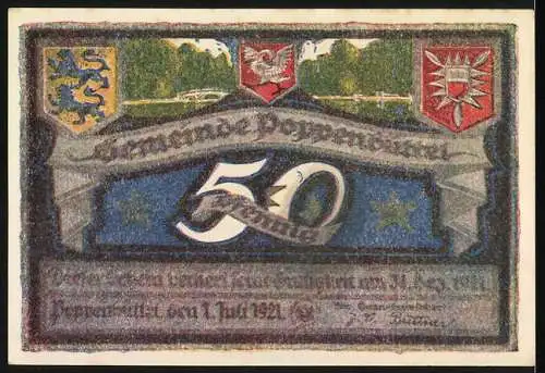 Notgeld Poppenbüttel 1921, 50 Pf, Landschaft mit Brücke und Wappen