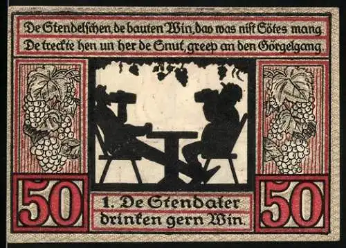 Notgeld Stendal, 1921, 50 Pfennig, zwei Personen trinken Wein unter Weinranken, Stadtwappen und Skyline