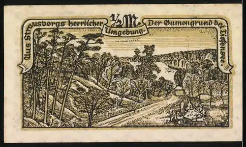 Notgeld Strausberg 1921, 1 1 /2 Mark, Stadtkassenschein mit Stadtwappen, Landschaft mit Bäumen und Fluss