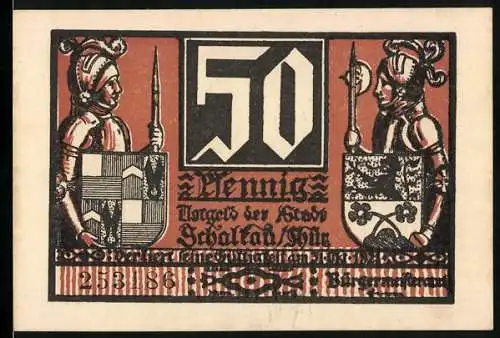 Notgeld Schalkau 50 Pfennig, beidseitig bedruckt mit Rittern und Wappen, 258.186