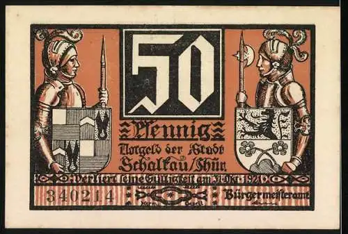 Notgeld Schalkau 1920, 50 Pfennig, Ritter auf Pferden und Wappen, Seriennummer 340214