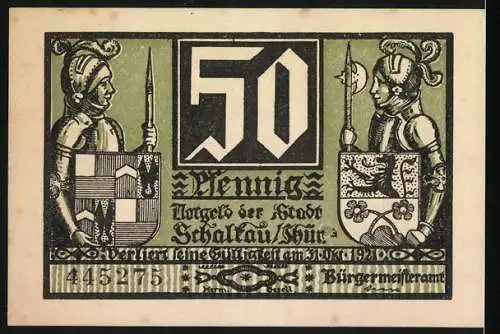 Notgeld Schalkau, 1921, 50 Pfennig, Stadtwappen und Burgansicht