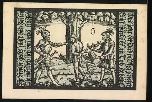 Notgeld Schalkau 50 Pfennig, zwei Ritter mit Schilden, Szene mit Ritter und zwei Männern an einem Baum
