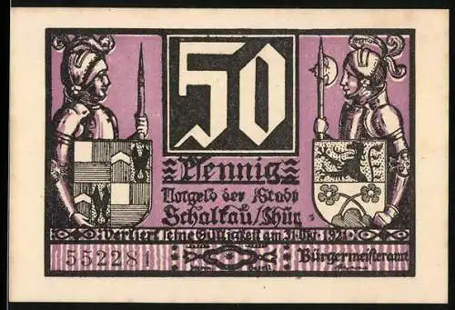 Notgeld Schalkau 1921, 50 Pfennig, behelmte Ritter mit Wappen und Kampfszene vor Burg