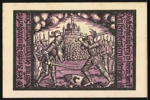 Notgeld Schalkau 1921, 50 Pfennig, behelmte Ritter mit Wappen und Kampfszene vor Burg