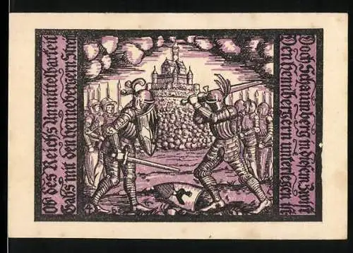 Notgeld Schalkau, 50 Pfennig, Ritterkampf vor Burg und zwei Ritter mit Wappen