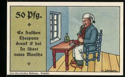 Notgeld Niebüll, 1920, 50 Pfennig, Mann am Tisch mit Pfeife und Wappen der Gemeinde
