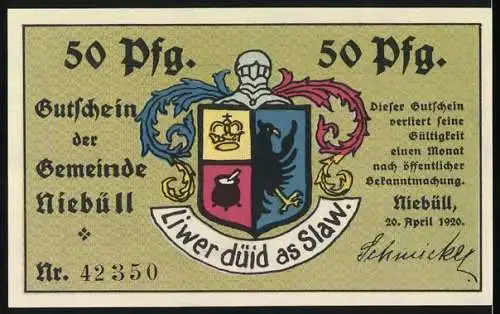 Notgeld Niebüll, 1920, 50 Pfennig, Mann am Tisch mit Pfeife und Wappen der Gemeinde