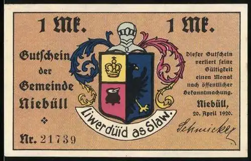 Notgeld Niebüll, 1920, 1 Mark, Gutschein der Gemeinde Niebüll mit Wappen und Abbildung einer Frau am Spinnrad