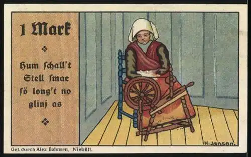 Notgeld Niebüll, 1920, 1 Mark, Gutschein der Gemeinde Niebüll mit Wappen und Abbildung einer Frau am Spinnrad