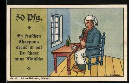 Notgeld Niebüll, 1920, 50 Pfennig, sitzender Mann mit Pfeife, Wappen der Gemeinde, Nr. 25001
