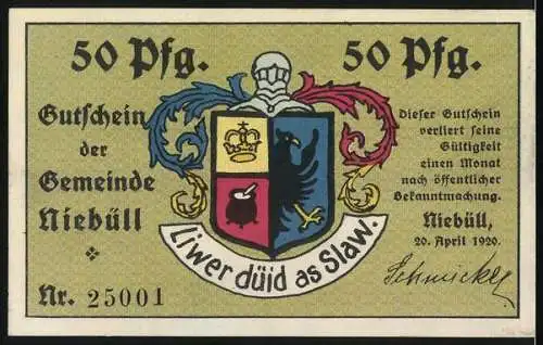 Notgeld Niebüll, 1920, 50 Pfennig, sitzender Mann mit Pfeife, Wappen der Gemeinde, Nr. 25001