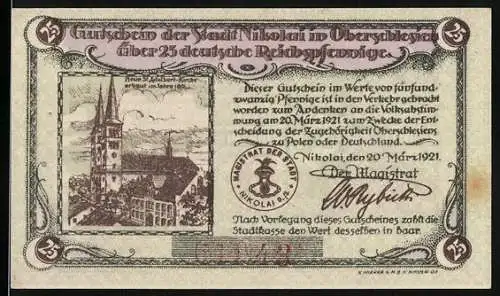 Notgeld Nikolai 1921, 25 Pfennig, Stadtansicht und Magistratssiegel