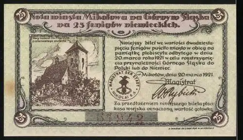 Notgeld Nikolai 1921, 25 Pfennig, Stadtansicht und Magistratssiegel