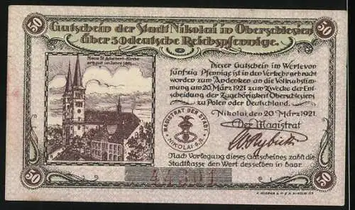 Notgeld Nikolai 1921, 50 Pfennig, Kirche und Magistratssiegel