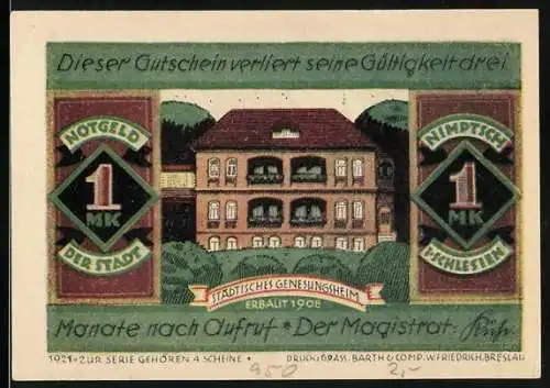 Notgeld Nimptsch - Schlesien, 1921, 1 Mark, Stadtgebäude und Strassenansicht