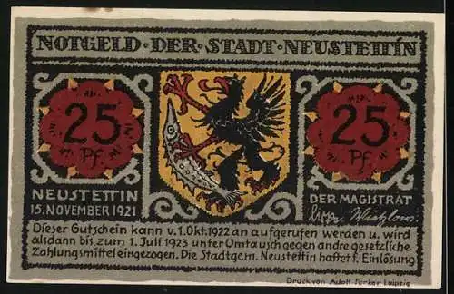 Notgeld Neustettin, 1921, 25 Pfennig, Bismarckwarte und Stadtwappen, Druck von Adolf Förster Leipzig