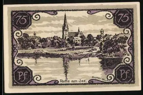 Notgeld Neustettin, 1921, 75 Pf, Partie am See und Stadtwappen mit Adler und Fisch