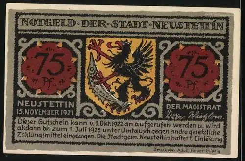 Notgeld Neustettin, 1921, 75 Pf, Partie am See und Stadtwappen mit Adler und Fisch