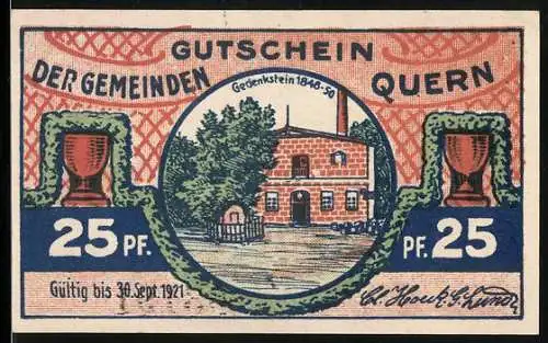 Notgeld Quern, 1921, 25 Pf, Gutschein der Gemeinden Quern, Gedenkstein 1848-50, gültig bis 30. Sept 1921, Nr. 03190