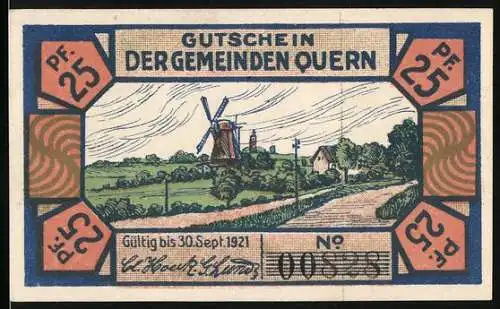 Notgeld Quern, 1921, 25 Pfennig, Windmühle und Fahne schwenkender Junge