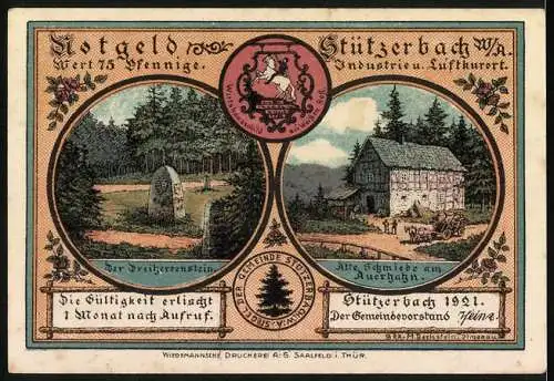 Notgeld Stützerbach 1921, 75 Pfennig, Runkelrüben und Blaserohr-Vogelschiessen, Dreiherrnstein und Alte Schmiede
