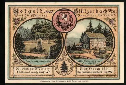 Notgeld Stützerbach 1921, 50 Pfennig, Freigerichtsstein und Schmiede am Auergang, Brausejahre mit Goethe und Karl August