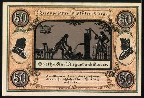 Notgeld Stützerbach 1921, 50 Pfennig, Freigerichtsstein und Schmiede am Auergang, Brausejahre mit Goethe und Karl August