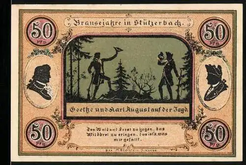 Notgeld Stützerbach 1921, 50 Pfennig, Goethe und Karl August auf der Jagd, Jagdschloss 1735, Goethezimmer
