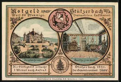 Notgeld Stützerbach 1921, 50 Pfennig, Goethe und Karl August auf der Jagd, Jagdschloss 1735, Goethezimmer