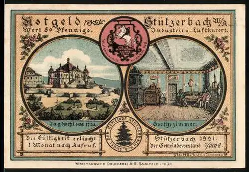Notgeld Stützerbach 1921, 50 Pfennig, Jagdschloss und Goethezimmer, Brausejahre in Stützerbach