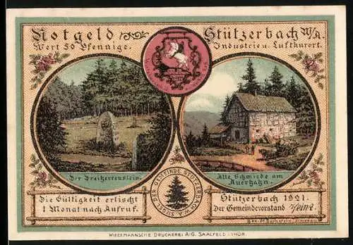 Notgeld Stützerbach 1921, 50 Pfennig, Freigerichtseiche und Schmiede am Auferbach, Goethe und Karl August im Brausejahr