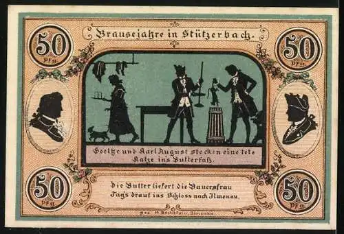 Notgeld Stützerbach 1921, 50 Pfennig, Freigerichtseiche und Schmiede am Auferbach, Goethe und Karl August im Brausejahr