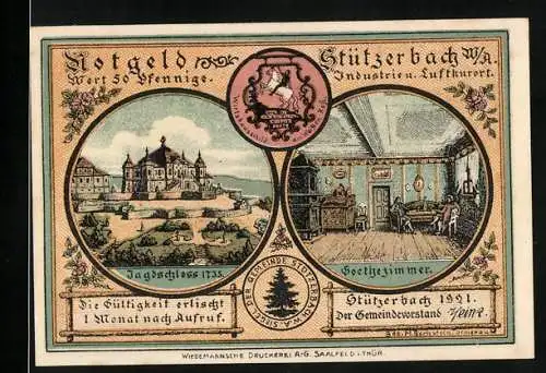 Notgeld Stützerbach 1921, Wert 50 Pfennig, Jagdschloss 1735 und Goethezimmer, Rückseite Jagdlager im finsteren Loch