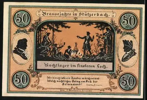 Notgeld Stützerbach 1921, Wert 50 Pfennig, Jagdschloss 1735 und Goethezimmer, Rückseite Jagdlager im finsteren Loch