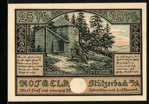 Notgeld Stützerbach 1921, 25 Pf, Industrie und Luftkurort, Ansicht eines Gebäudes im Wald und Landschaft mit Gebäuden