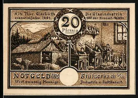 Notgeld Stützerbach, 1921, 20 Pfennig, Alte Glashütte und Zahnradbahn bei Stützerbach