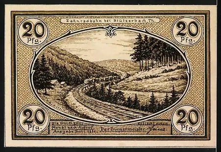 Notgeld Stützerbach, 1921, 20 Pfennig, Alte Glashütte und Zahnradbahn bei Stützerbach