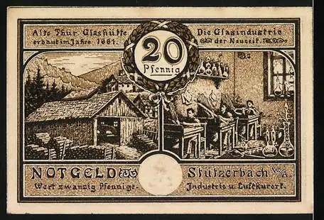 Notgeld Stützerbach 1921, 20 Pfennig, Zahnradbahn und Glasindustrieabbildungen