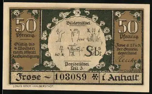 Notgeld Frose, 1921, 50 Pfennig, Bilderrätsel und germanische Siedlung, Heimkehr von der Jagd und Bronzezeit-Funde