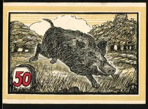 Notgeld Hofgeismar, 50 Pfennig, Wildschwein im Wald