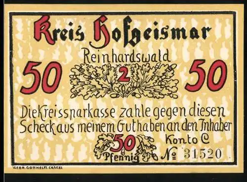 Notgeld Hofgeismar, 50 Pfennig, Vorderseite: Text mit Eichenzweigen, Rückseite: Wildschwein im Wald