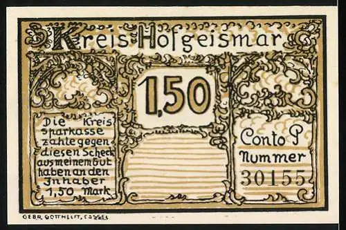 Notgeld Hofgeismar, 1,50 Mark, Schloss Wilhelmsthal Abbildung, detaillierte Verzierungen, Konto Nummer 30155