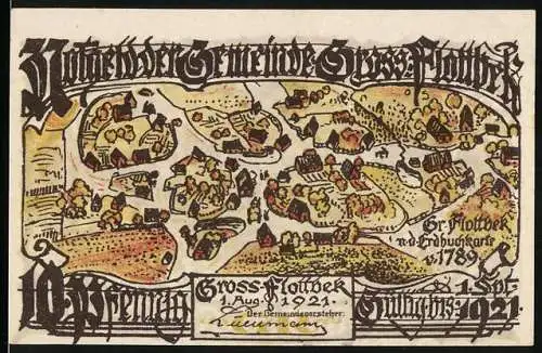 Notgeld Gross-Flottbek 1921, 10 Pfennig, farbige Ortsansicht und Landschaft mit Weide