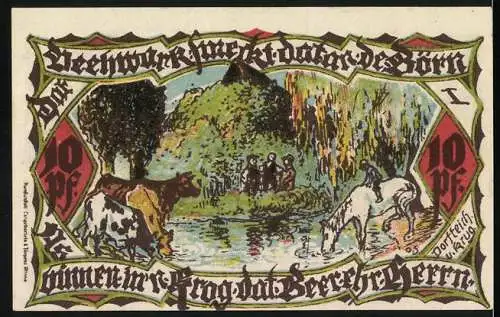 Notgeld Gross-Flottbek 1921, 10 Pfennig, farbige Ortsansicht und Landschaft mit Weide