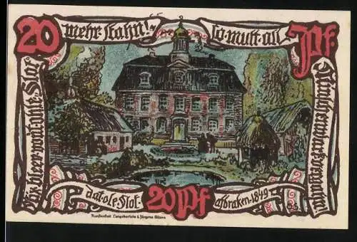 Notgeld Gross-Flottbek 1921, 20 Pf, Mehrfarbiges Gebäude und Kutsche mit Landschaftsszene