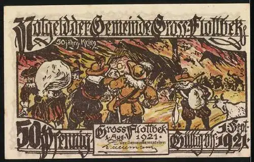 Notgeld Gross-Flottbek, 1921, 50 Pfennig, Soldaten und Wanderer in Landschaftsszene