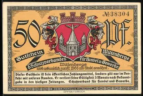 Notgeld Wittenberge, 50 Pf, Gutschein des Schutzverbandes für Handel und Gewerbe, Altes Turm-Motiv, 1920er Jahre