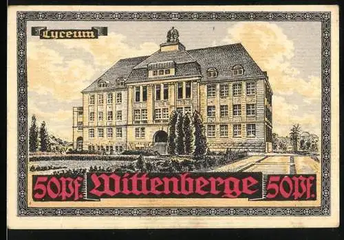 Notgeld Wittenberge, 50 Pf, Lyceum Gebäude und Stadtwappen, Gutschein des Schutzverbandes für Handel und Gewerbe