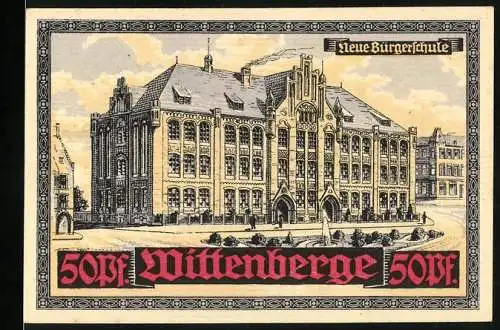 Notgeld Wittenberge, 50 Pf, Neue Bürgerschule und Stadtwappen, gedruckt von Gebr. Parcus München